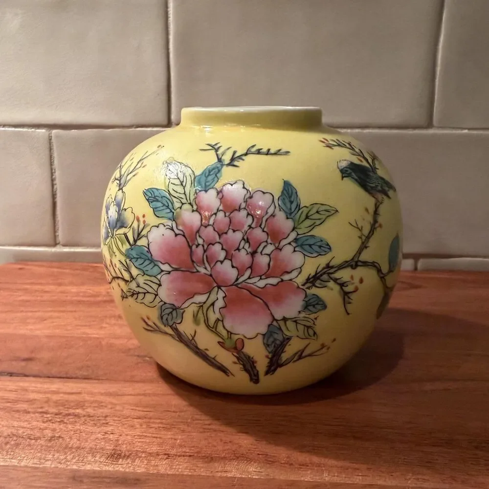 Vintage Yellow Chinoiserie Bud Vase, Japanese Famille Jaune Porcelain